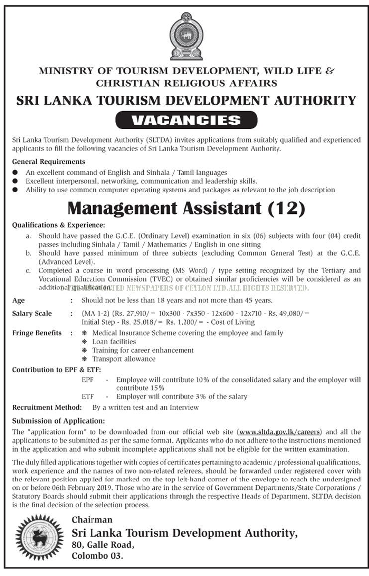 Management Assistant - Sri Lanka Tourism Development Authority